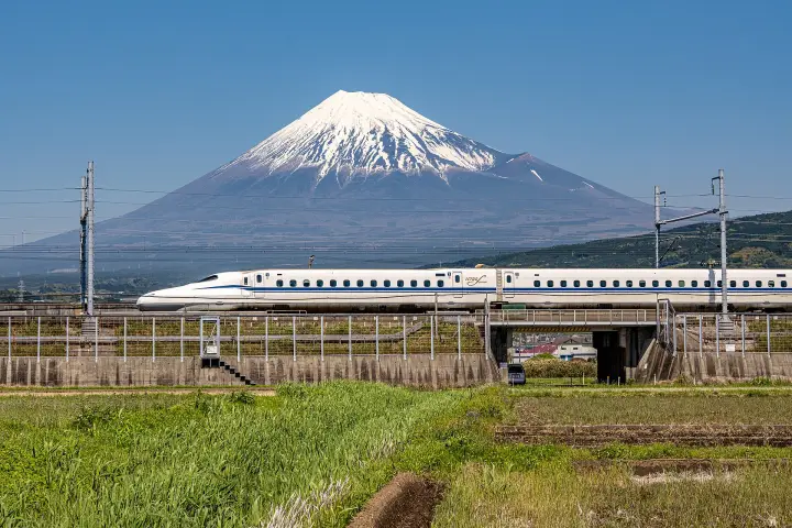 Shinkansen passing Mt Fuji on the Tokaido line, the route you ride on Day 5